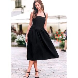 NWT Cupshe Women's Vintage Affair Black Midi Dress Cotton Basque Waist Size S